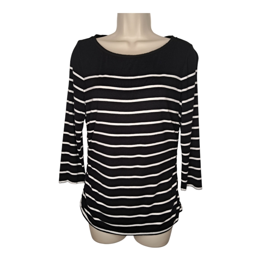 WHBM #570322178 Blouse 3/4 Sleeve Shirred Side Tee Black & White Stripes Size M